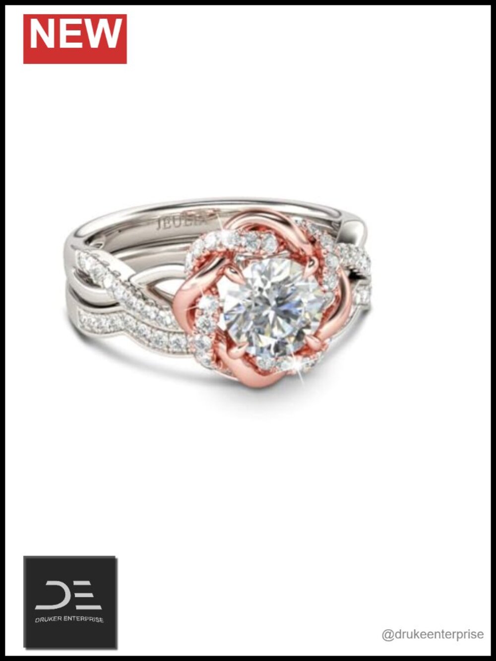 Halo Solitaire Engagement Ring Set Sterling Silver Floral Rose Gold Plated